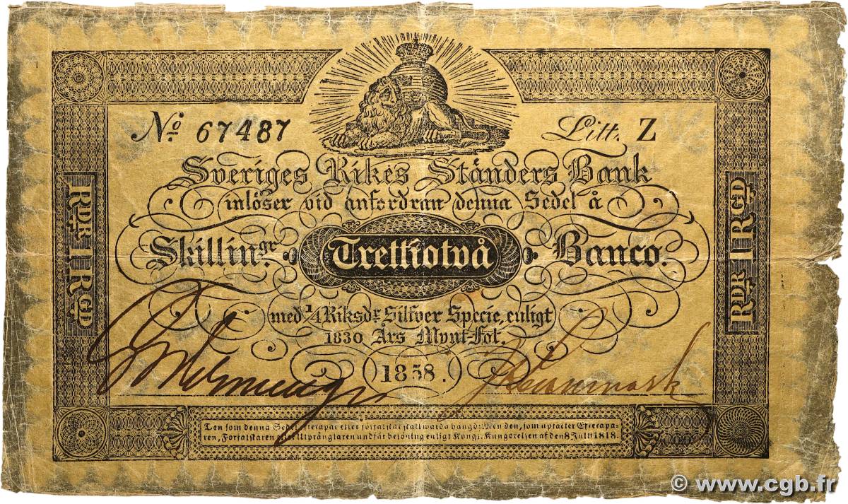 32 Skillingar Banco SUÈDE  1858 P.A123c fSS