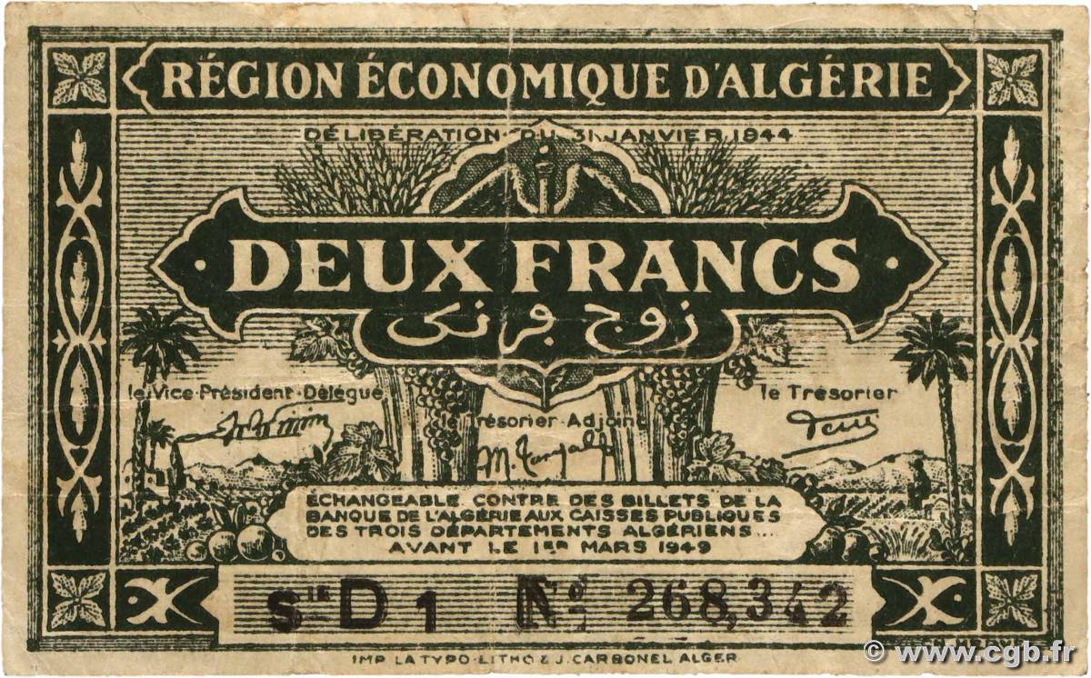 2 Francs ALGERIA  1944 P.099b F