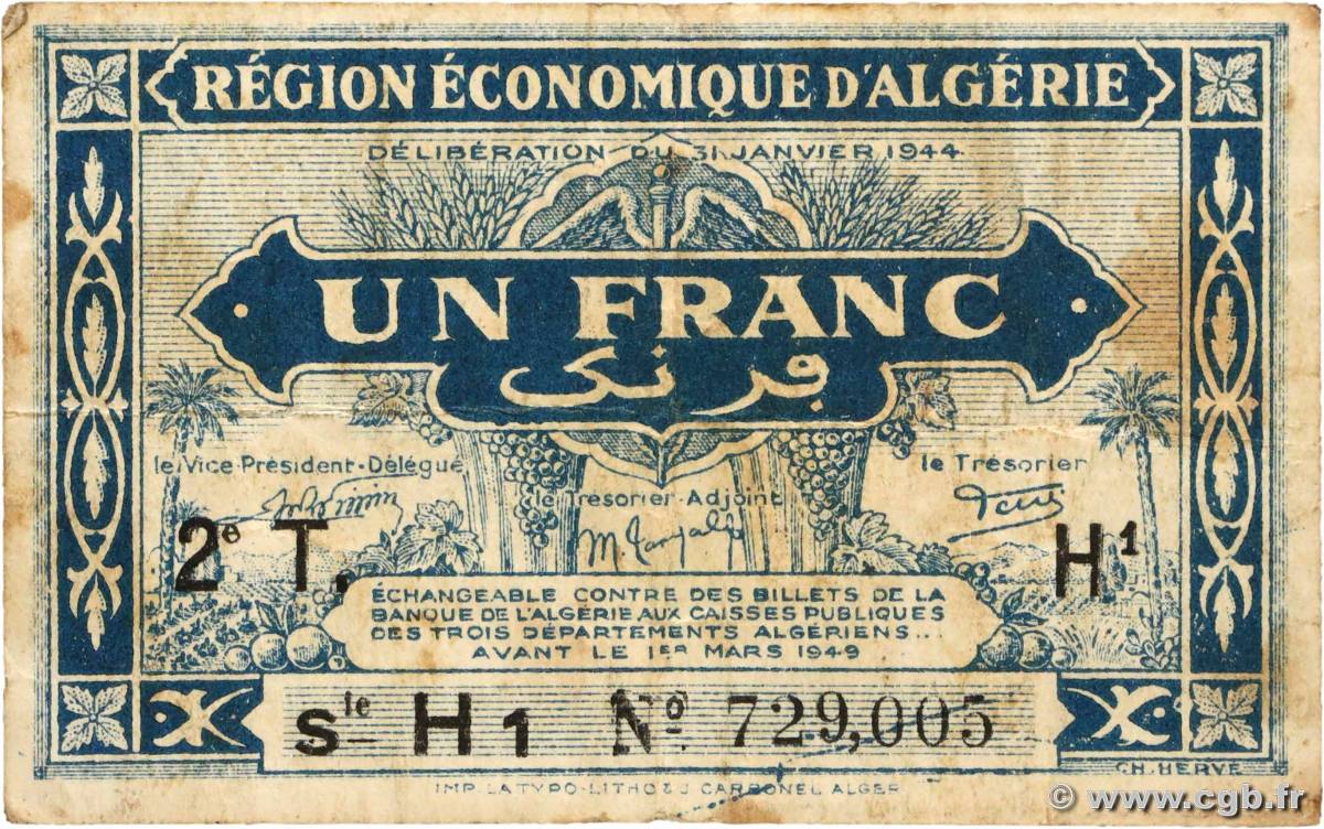 1 Franc ALGERIA  1944 P.101 F+