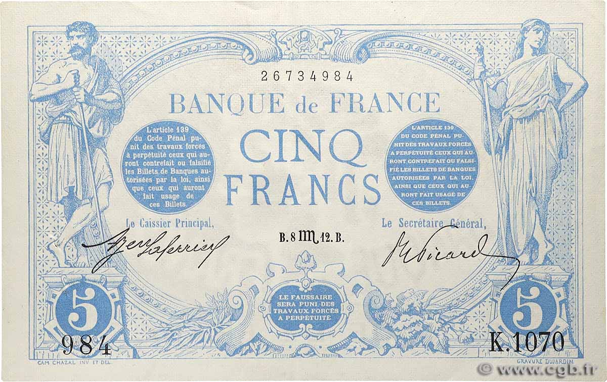 5 Francs BLEU FRANCIA  1912 F.02.10 EBC+