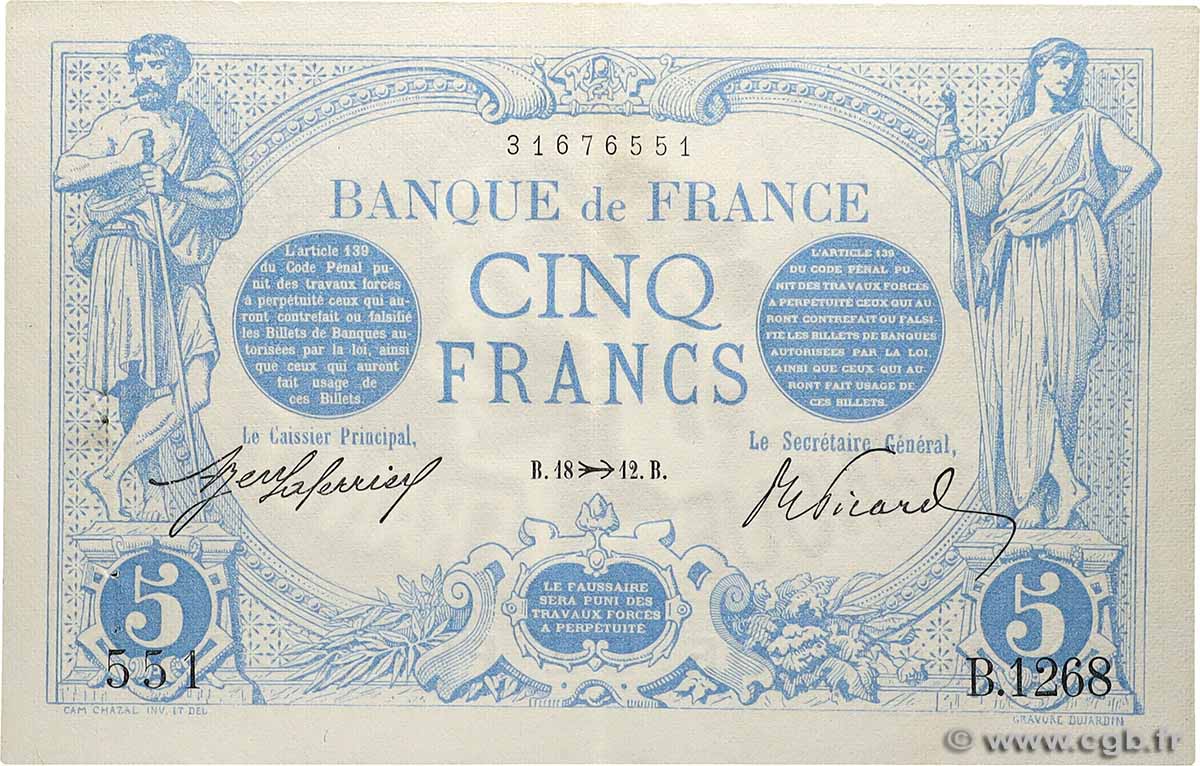 5 Francs BLEU FRANCIA  1912 F.02.11 EBC+