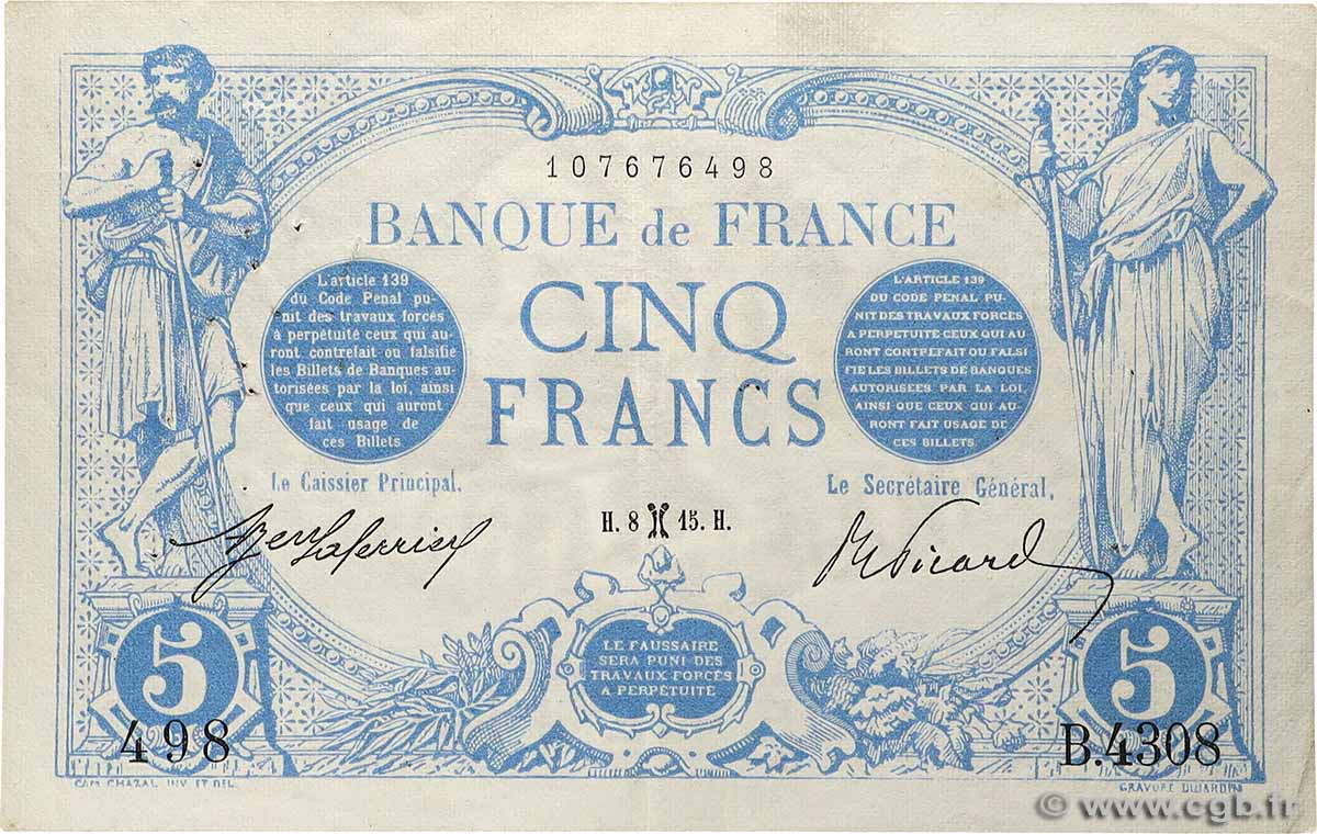 5 Francs BLEU FRANKREICH  1915 F.02.24 fVZ