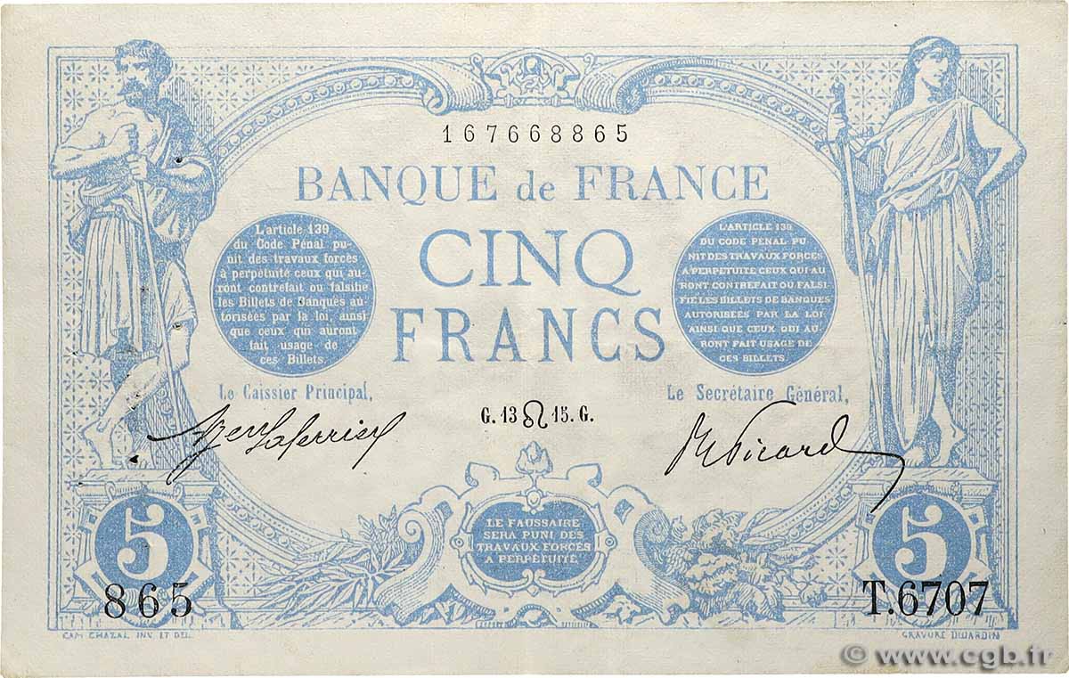 5 Francs BLEU FRANKREICH  1915 F.02.29 fVZ