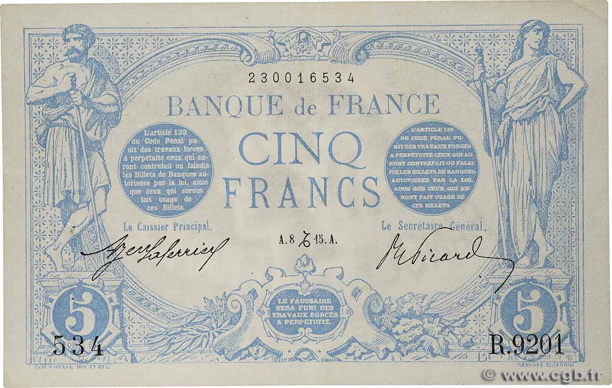5 Francs BLEU FRANCIA  1915 F.02.34 MBC+