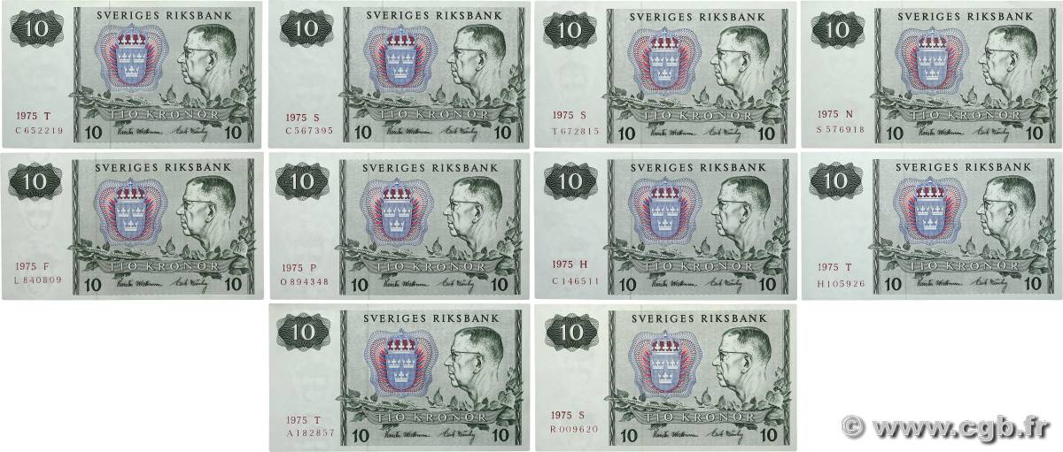 10 Kronor Lot SUÈDE  1975 P.52c fST