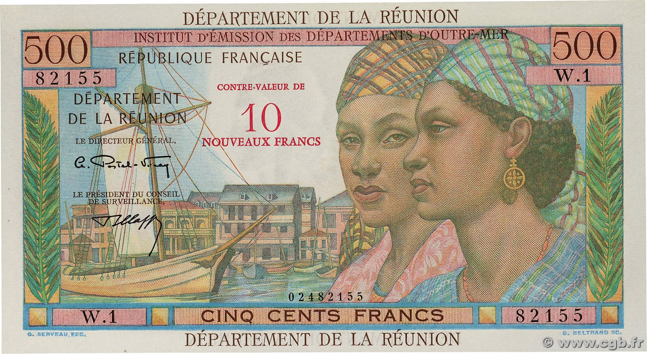 10 NF sur 500 Francs Pointe à Pitre ÎLE DE LA RÉUNION  1971 P.54b pr.NEUF