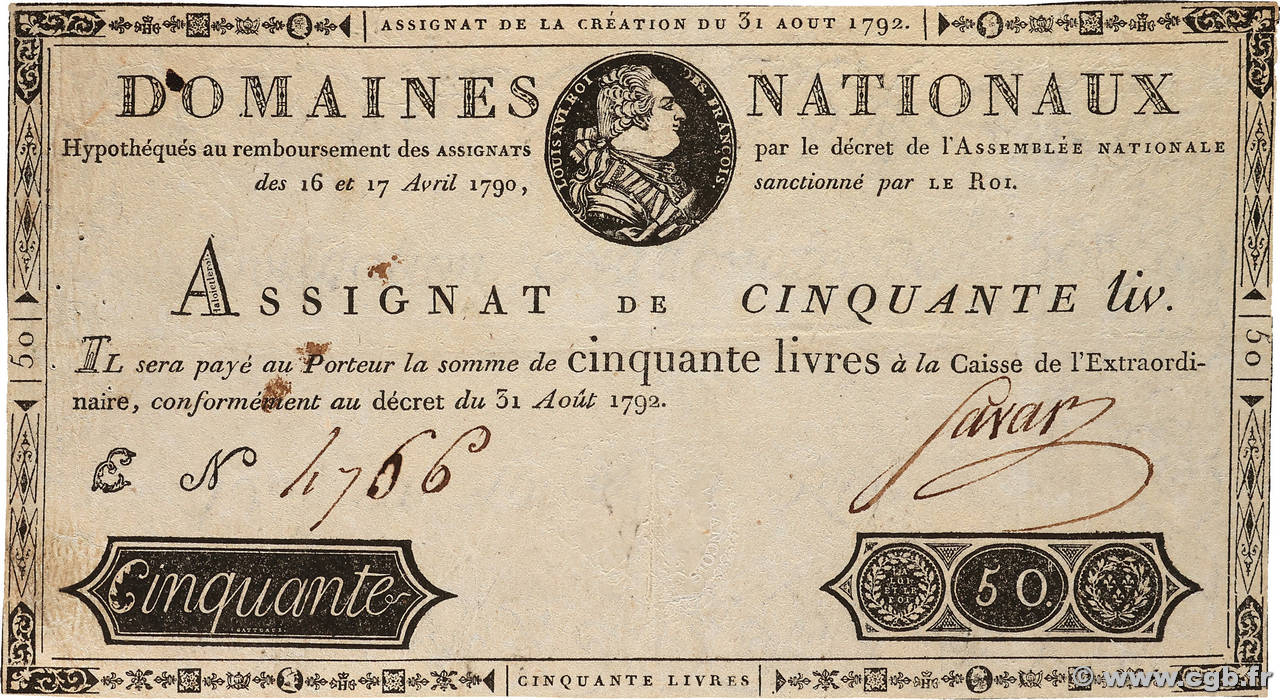 50 Livres FRANCE  1792 Ass.32a F+