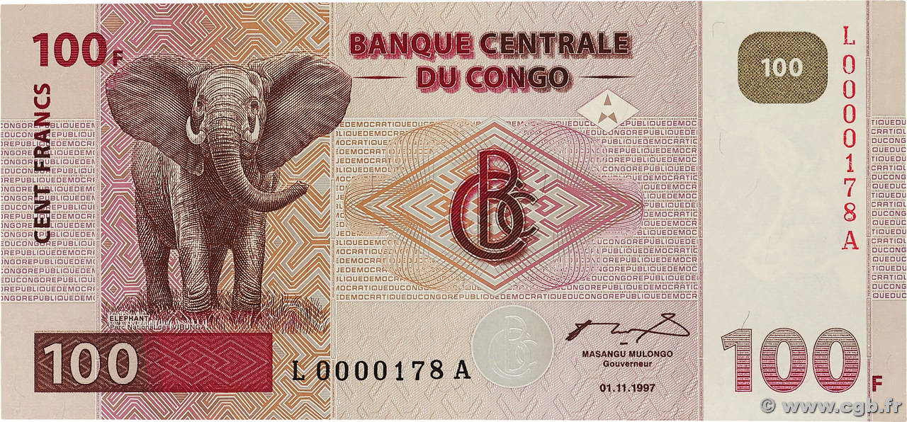 100 Francs Petit numéro RÉPUBLIQUE DÉMOCRATIQUE DU CONGO  1997 P.090a NEUF