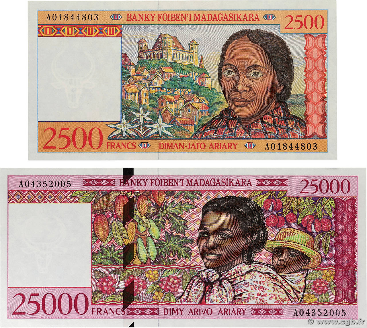 2500 Francs - 500 Ariary et 25000 Francs - 5000 Ariary Lot MADAGASCAR  1998 P.081 et P.082 pr.NEUF