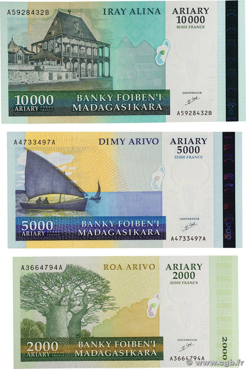 2000 au 10000 Ariary  Lot MADAGASCAR  2003 P.083, P.084 et P.085 NEUF