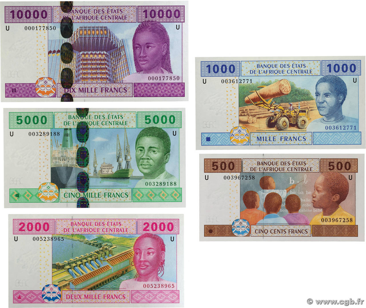 500 Francs type 2002U au 10000 Francs type 2002U Lot KAMERUN  2003 A.170Ua au A.174Ua ST