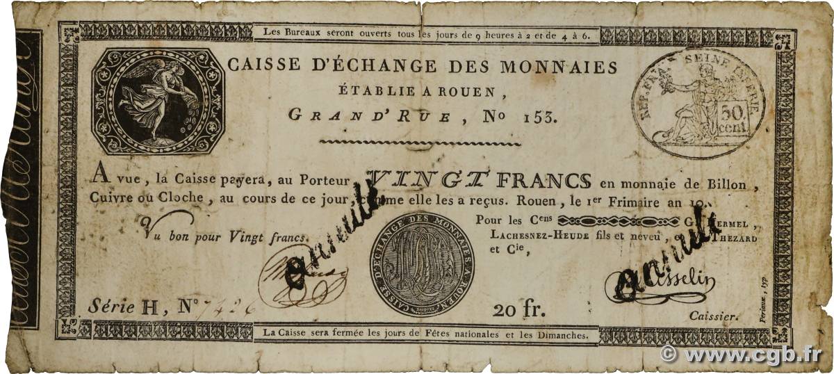 20 Francs Annulé FRANCE  1801 PS.245b VG