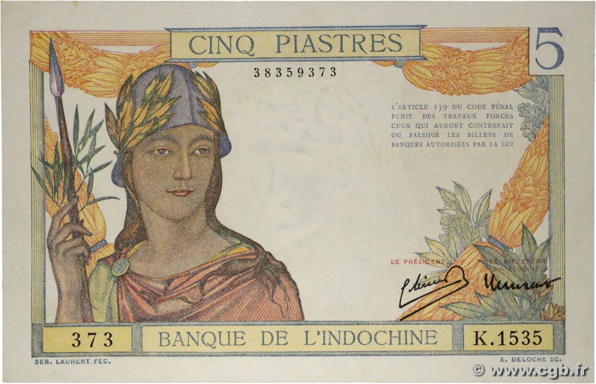 5 Piastres FRENCH INDOCHINA  1946 P.055c AU