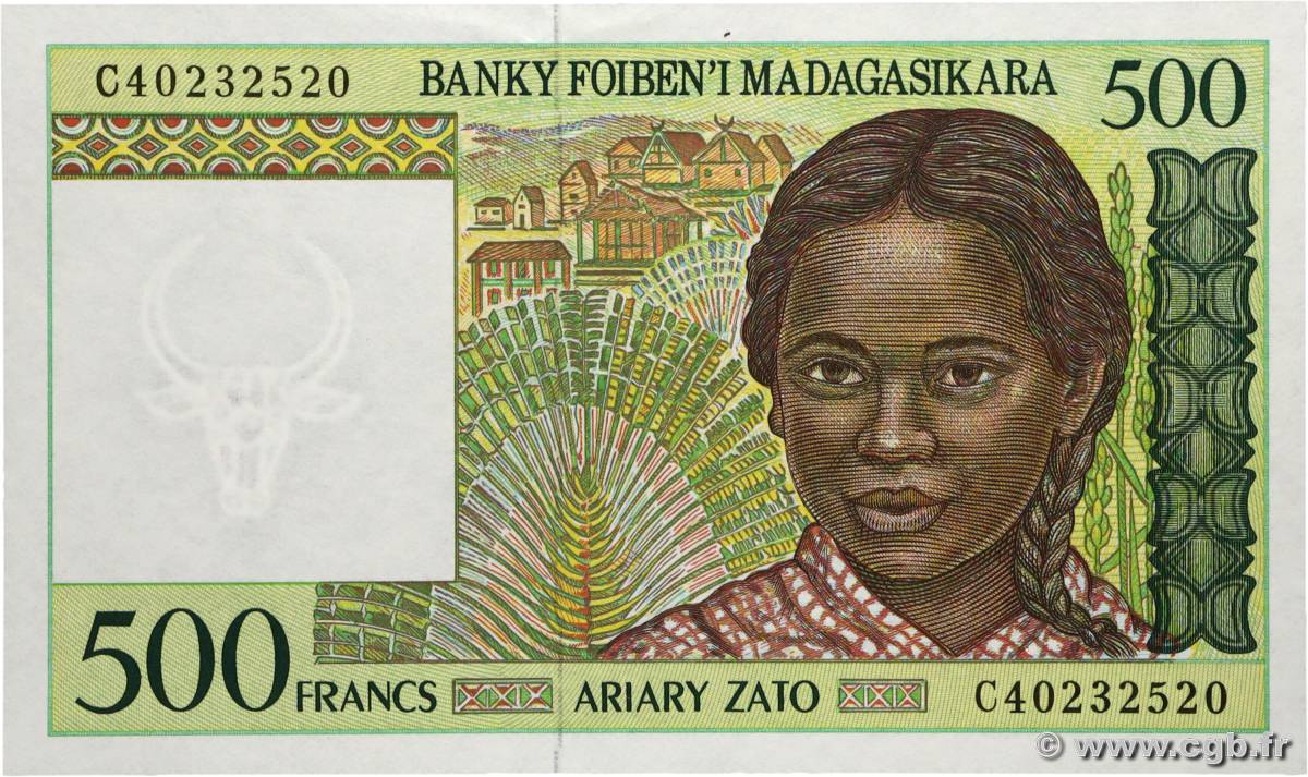 500 Francs - 100 Ariary MADAGASCAR  1994 P.075b UNC-