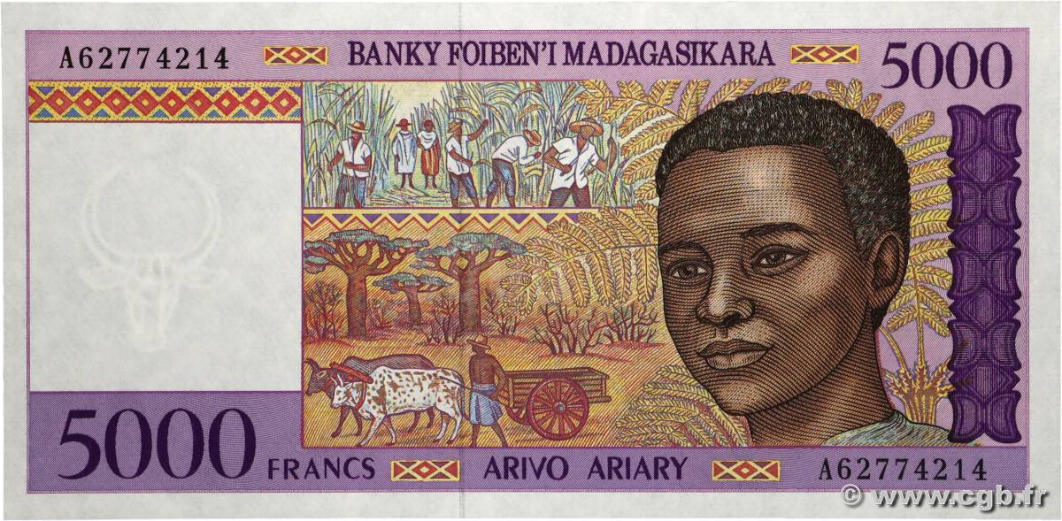 5000 Francs - 1000 Ariary MADAGASCAR  1994 P.078b UNC