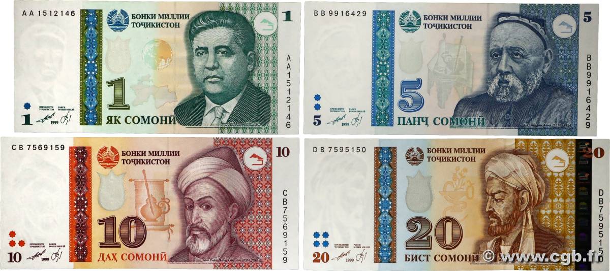 1, 5, 10 et 20 Somoni Lot TAJIKISTAN  1999 P.14a, P.15, P.16a et P.17a UNC-