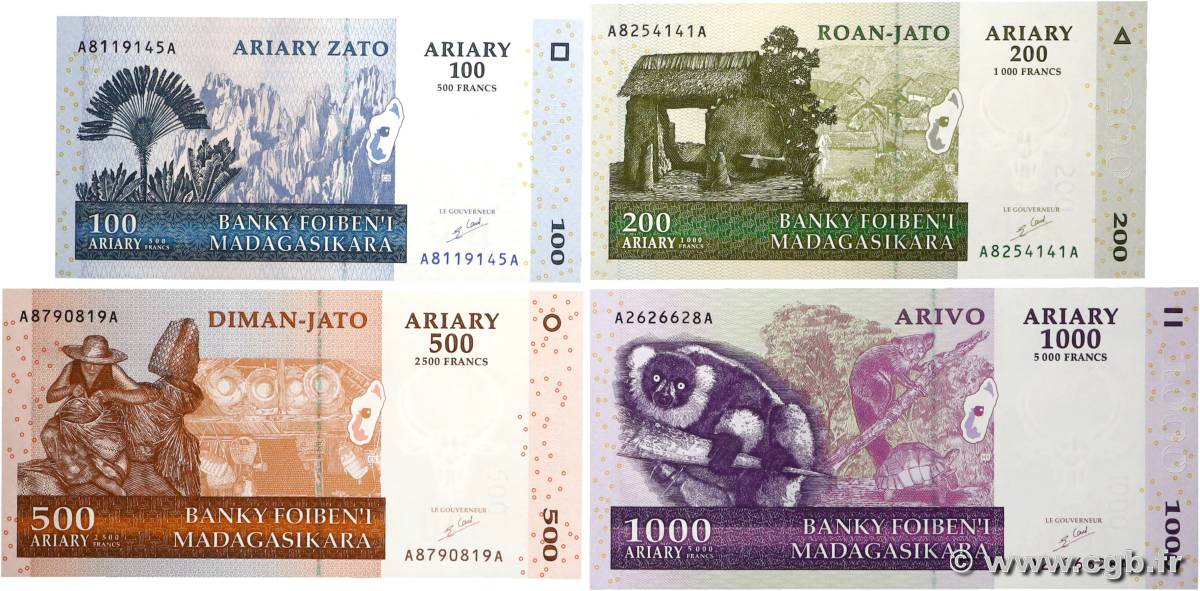 500 Francs - 100 Ariary au 5000 Francs - 1000 Ariary Lot MADAGASCAR  2004 P.086a, P.087a, P.088a et P.089a UNC