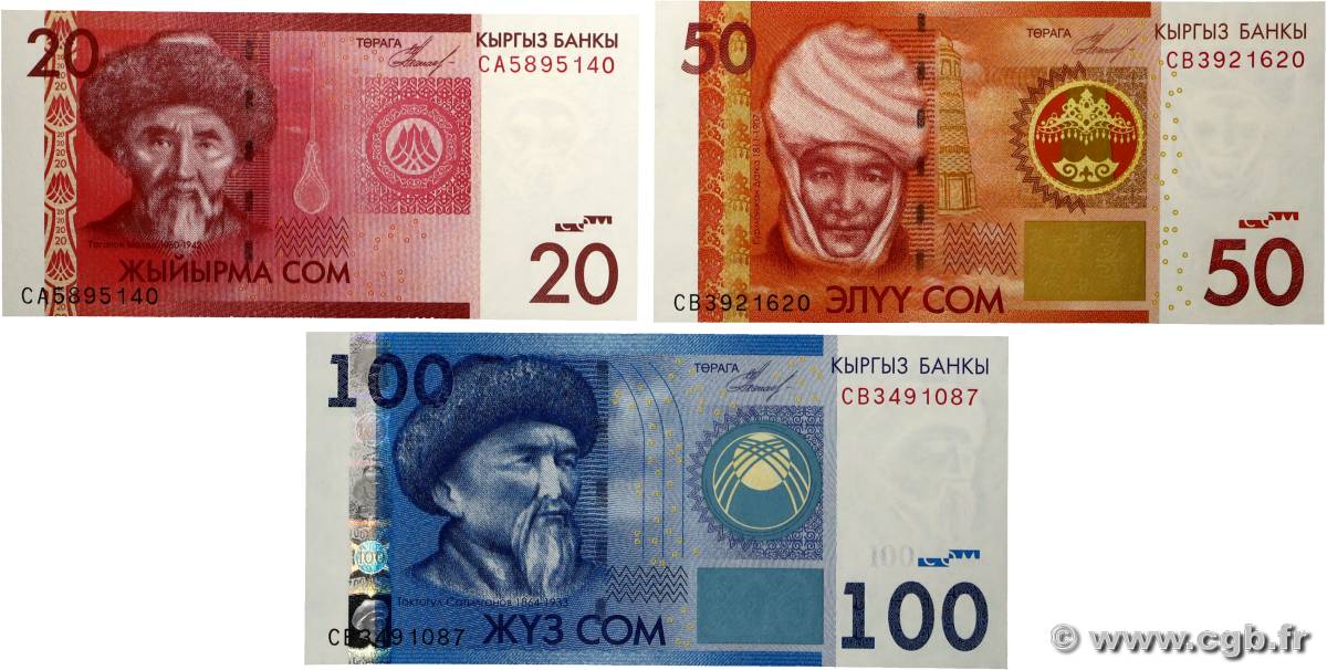 20, 50 et 100 Som Lot KYRGYZSTAN  2009 P.24a, P.25a et P.26a UNC