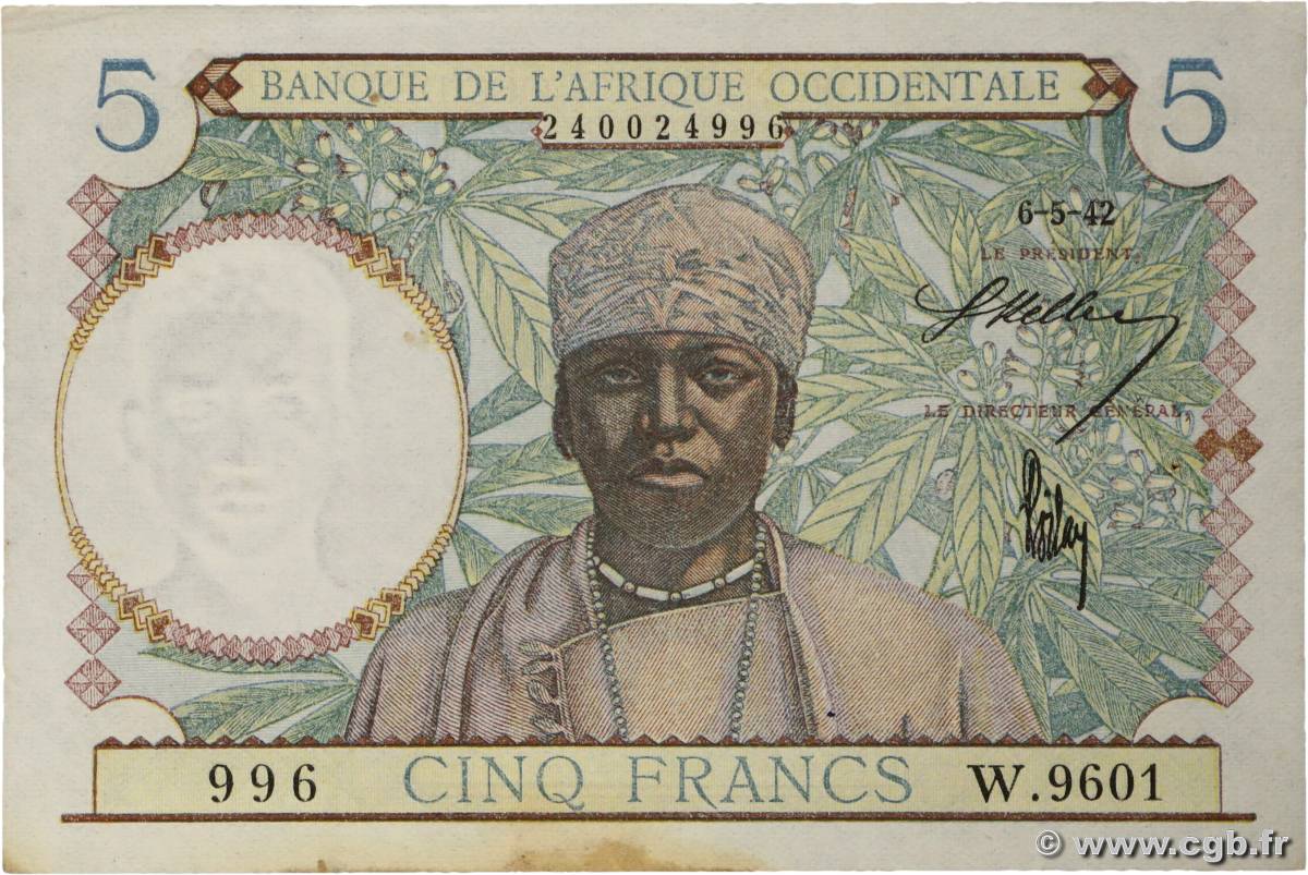 5 Francs FRENCH WEST AFRICA  1942 P.25 AU
