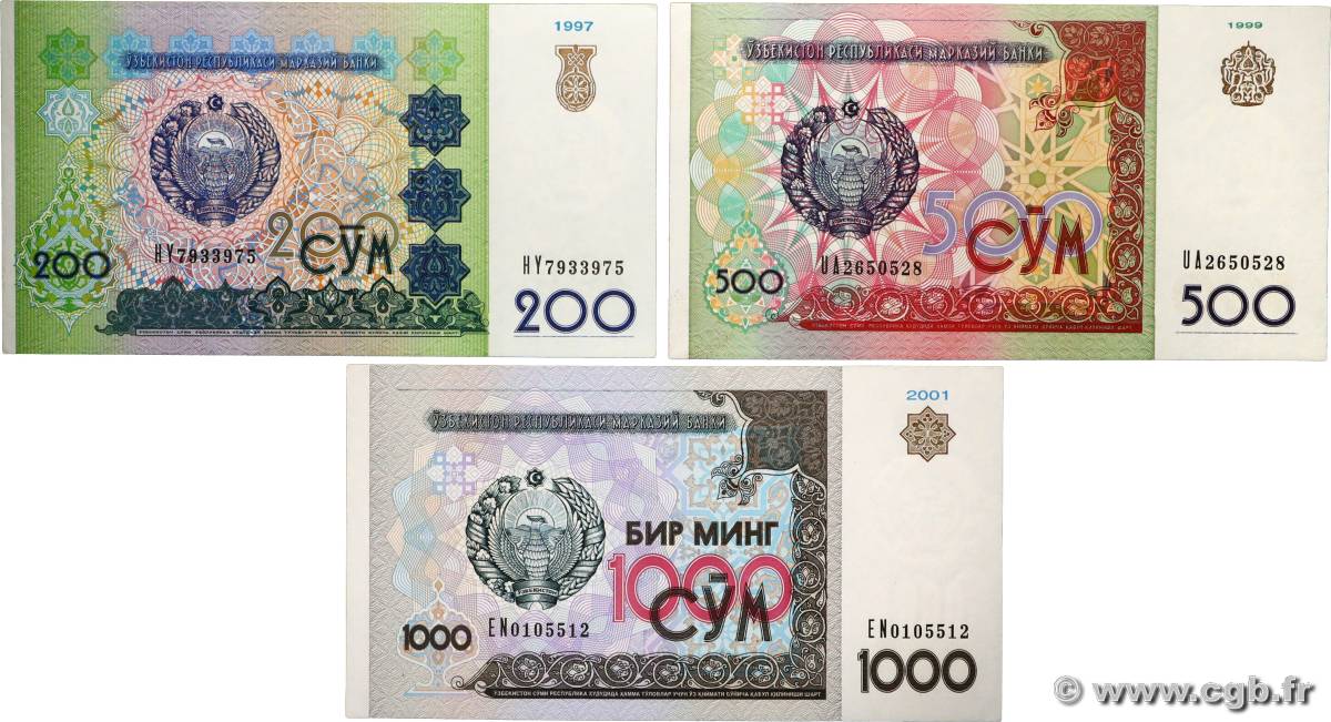 200 à 1000 Sum Lot UZBEKISTAN  1997 P.80, P.81, P.82 UNC