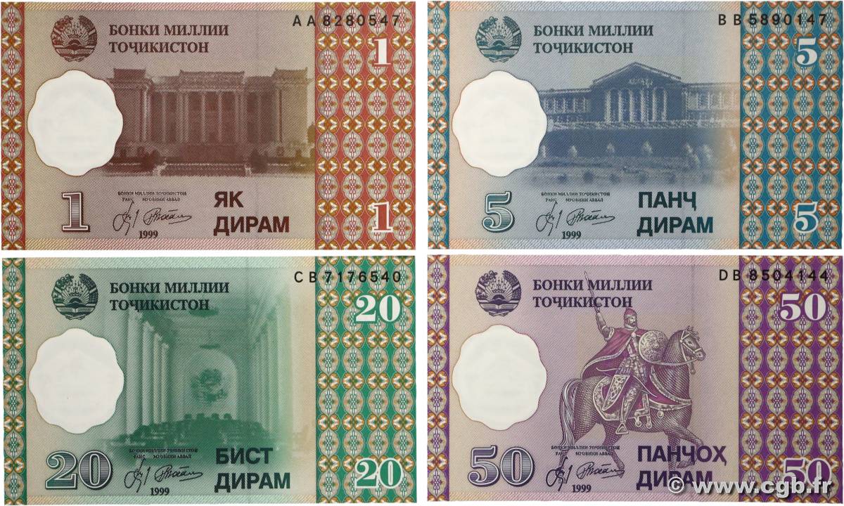 1 à 50 Diram Lot TAJIKISTAN  1999 P.10 à 13 UNC