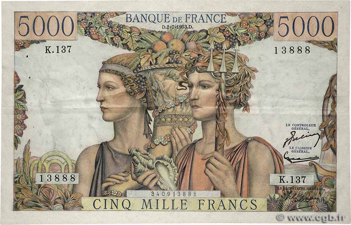 5000 Francs TERRE ET MER FRANCE  1953 F.48.09 TTB+