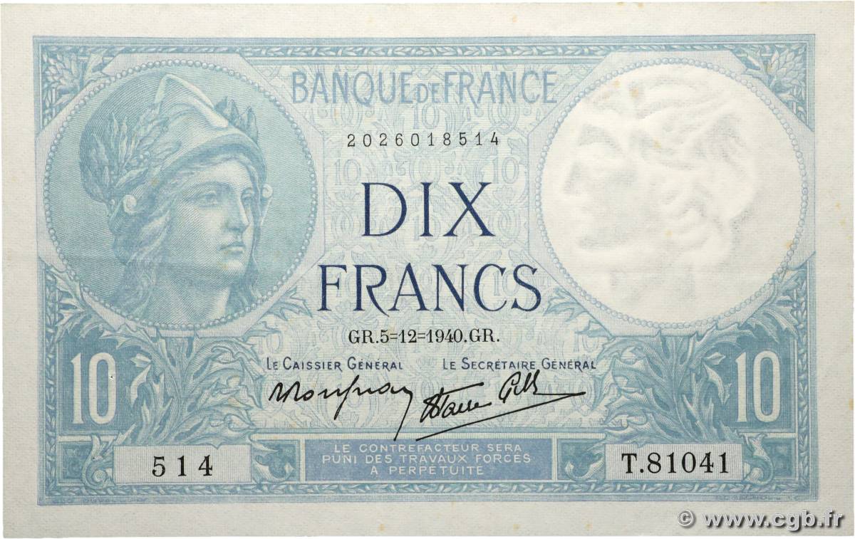 10 Francs MINERVE modifié FRANCE  1940 F.07.23 TTB+