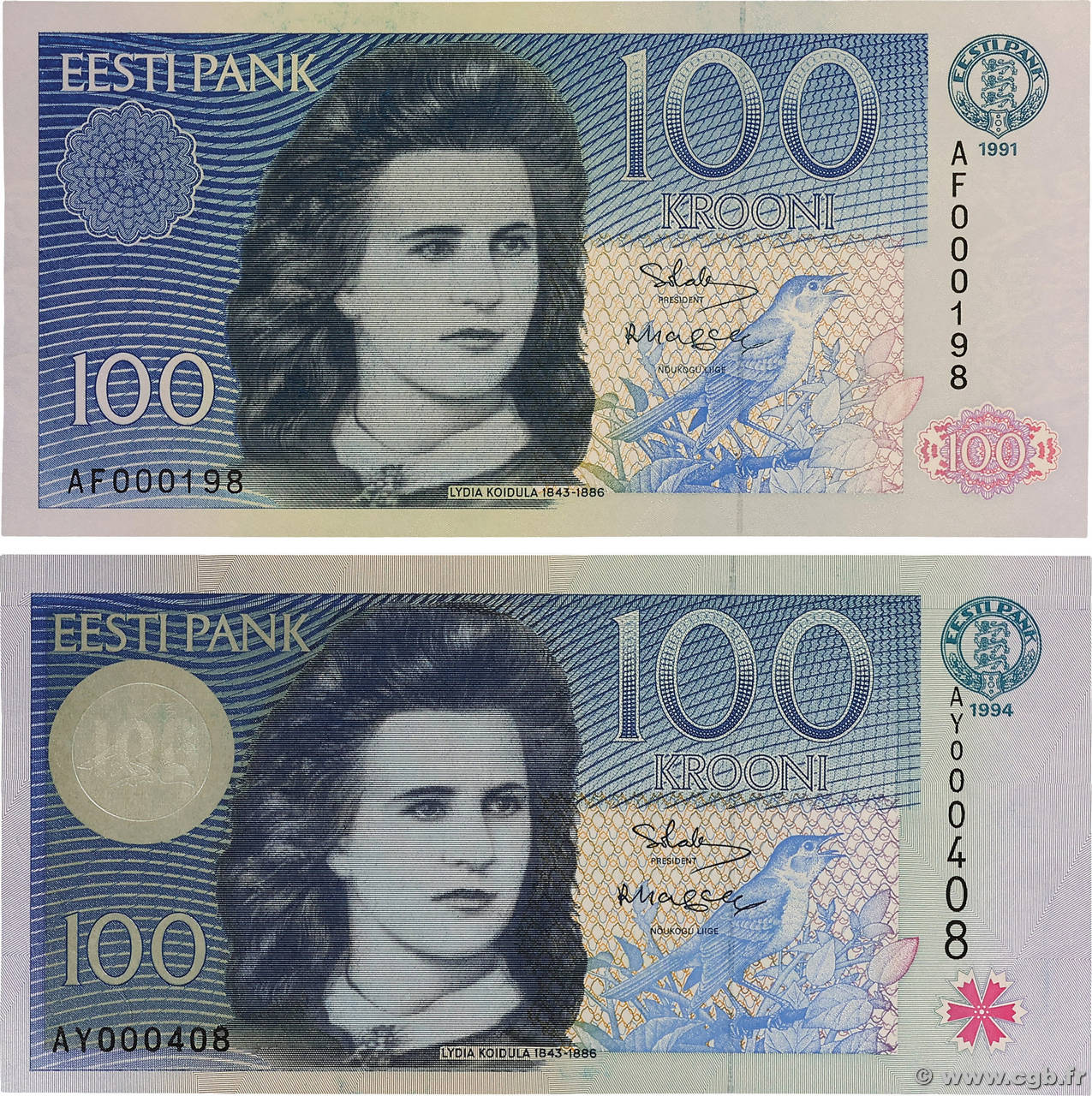 100 Krooni Petit numéro ESTONIE  1991 P.74a et P.79a NEUF