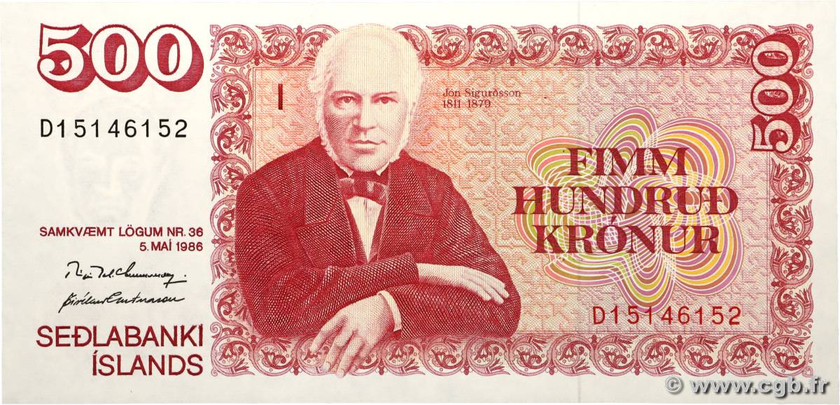 500 Kronur ICELAND  1986 P.58a UNC