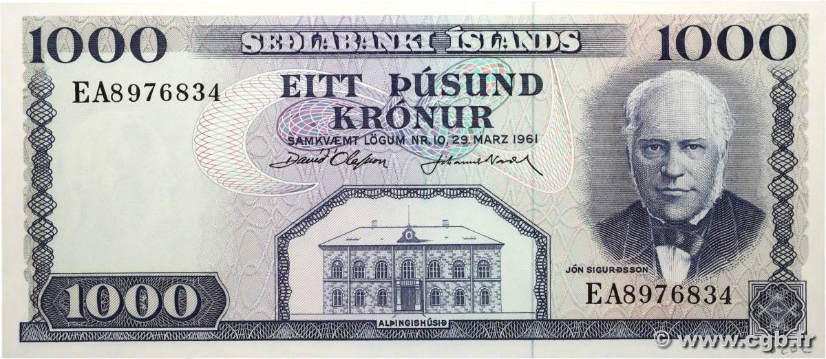 1000 Kronur ICELAND  1961 P.46a UNC