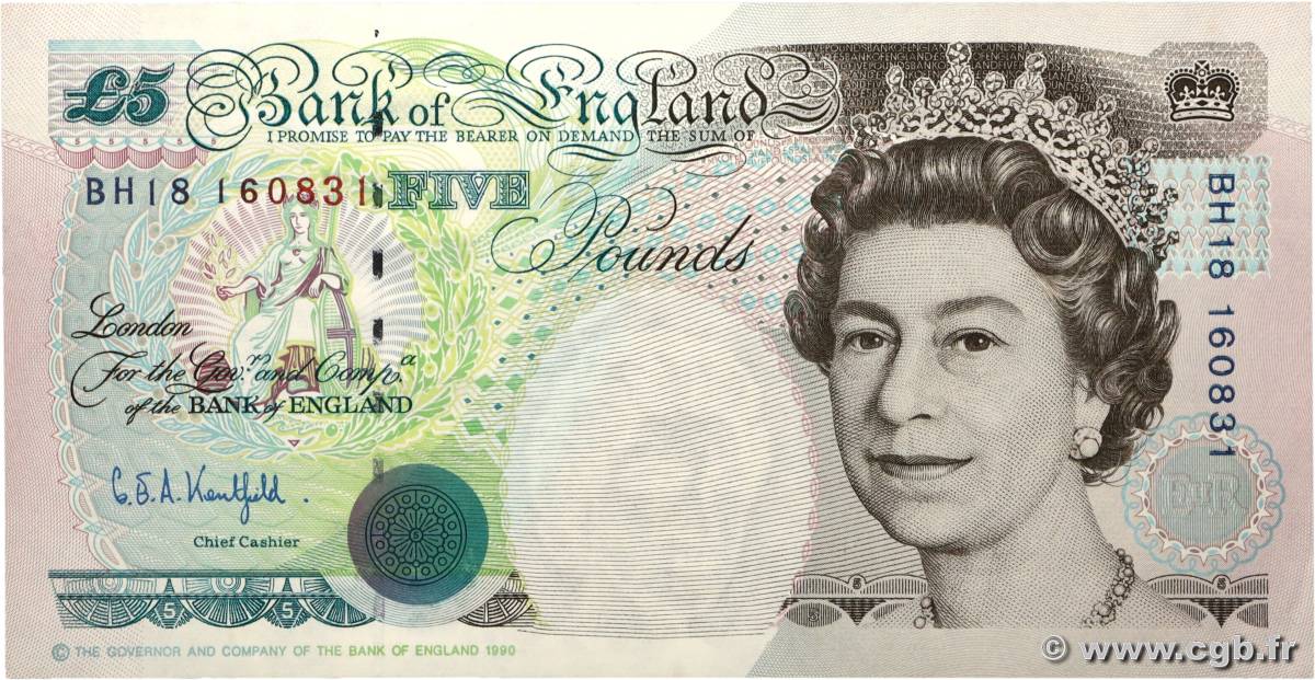5 Pounds ENGLAND  1991 P.382b XF