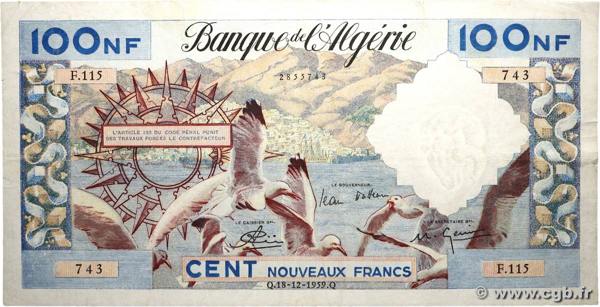 100 Nouveaux Francs ALGERIA  1959 P.121b F+