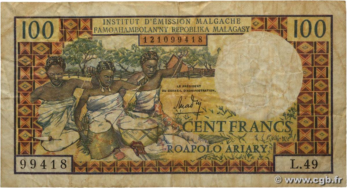 100 Francs - 20 Ariary MADAGASCAR  1966 P.057a F