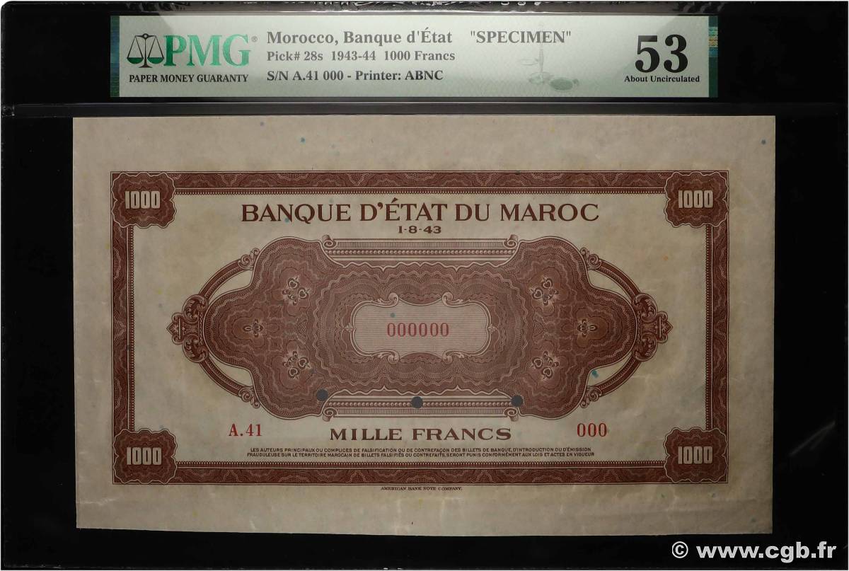 1000 Francs Spécimen MAROC  1944 P.28s SUP+