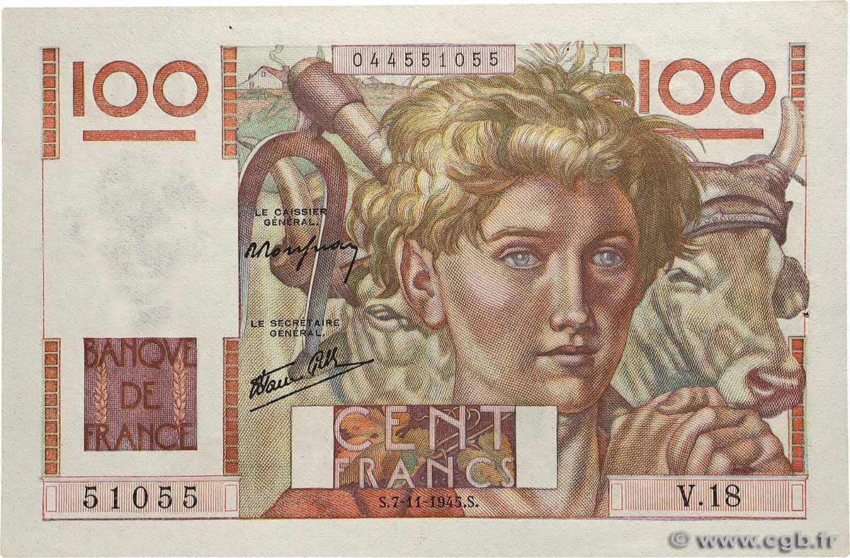 100 Francs JEUNE PAYSAN FRANCE  1945 F.28.01 AU