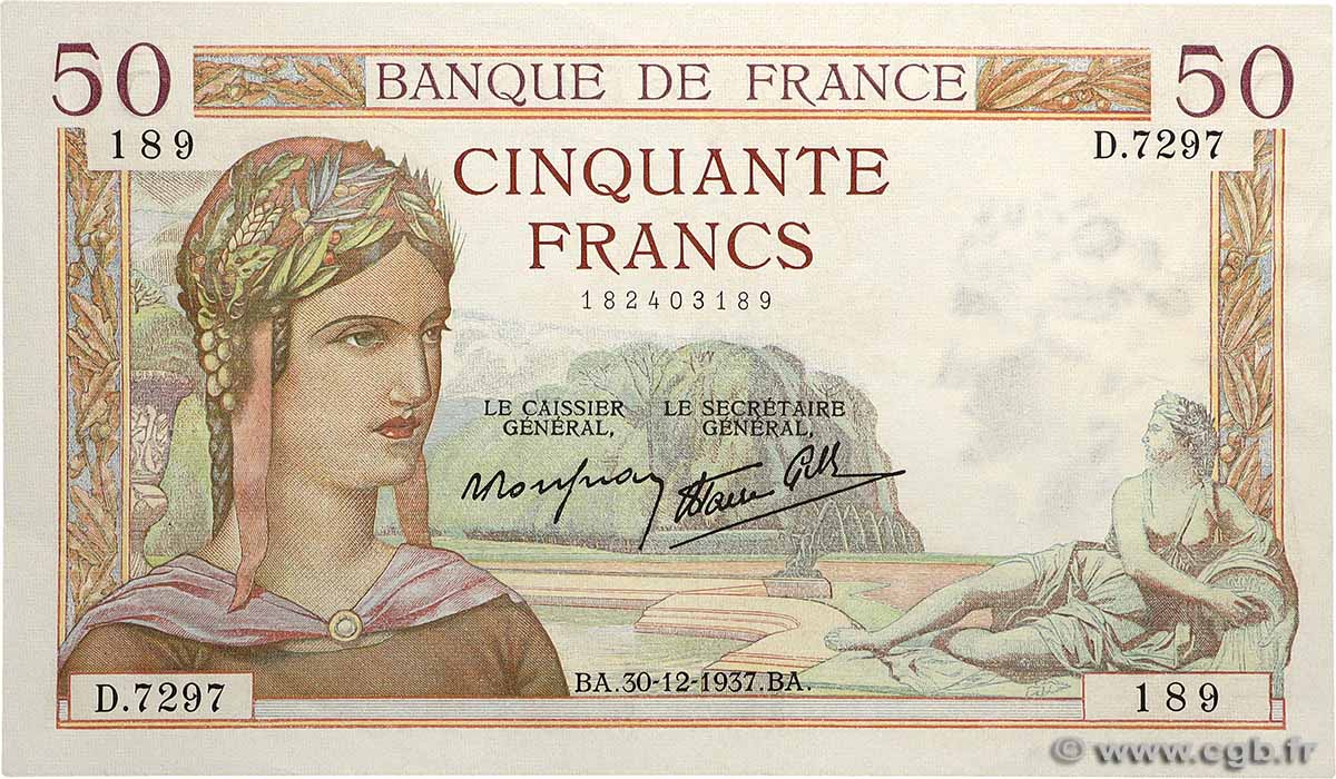 50 Francs CÉRÈS modifié FRANKREICH  1937 F.18.06 VZ