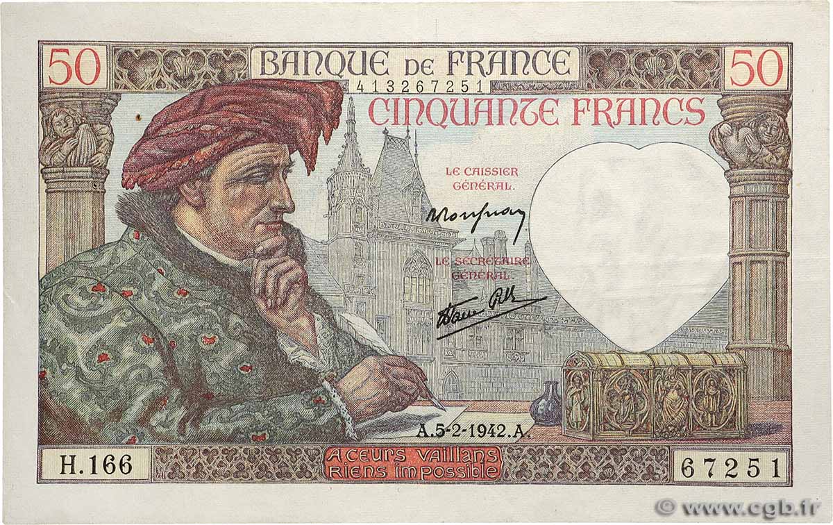 50 Francs JACQUES CŒUR FRANCE  1942 F.19.19 VF
