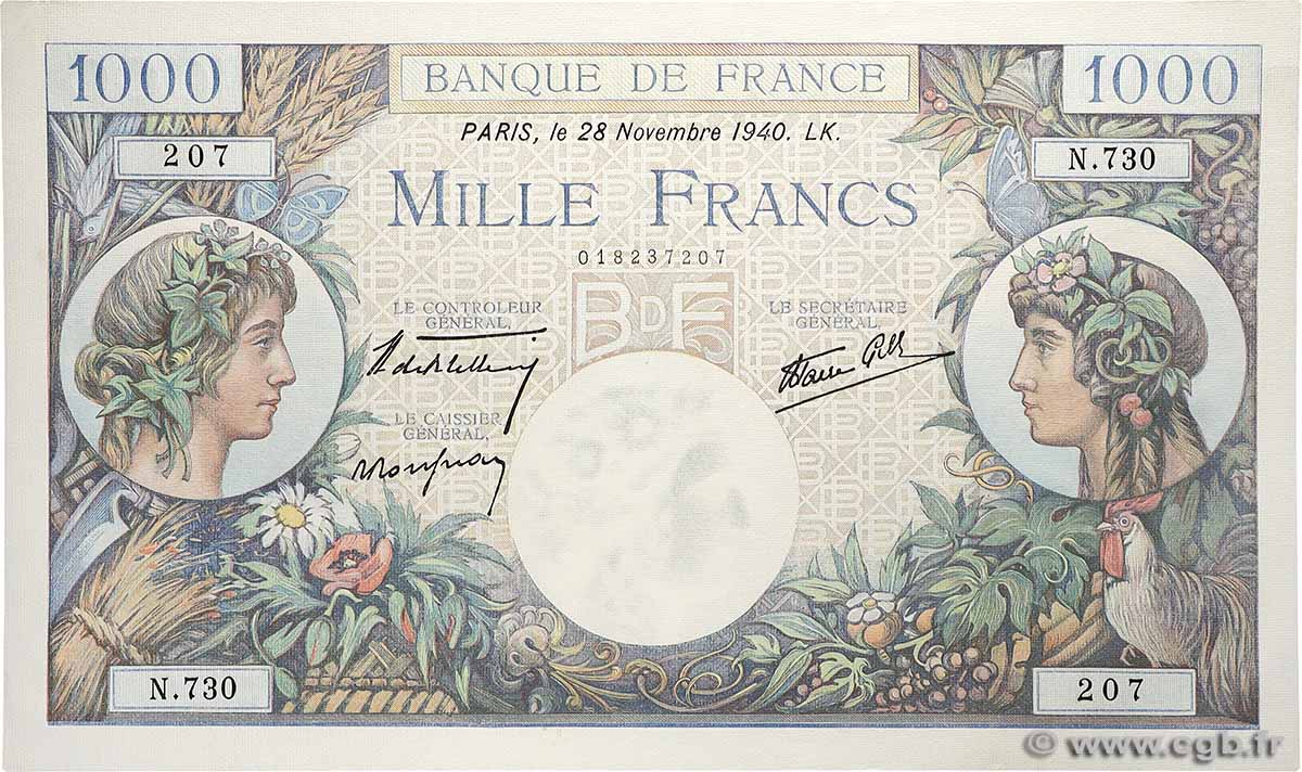 1000 Francs COMMERCE ET INDUSTRIE FRANCE  1940 F.39.02 UNC-
