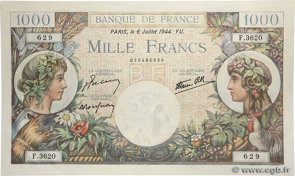1000 Francs COMMERCE ET INDUSTRIE FRANCE  1944 F.39.10 UNC-