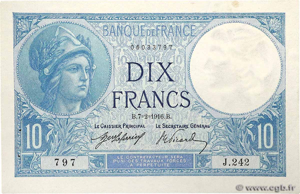 10 Francs MINERVE Numéro radar FRANCE  1916 F.06.01 AU-