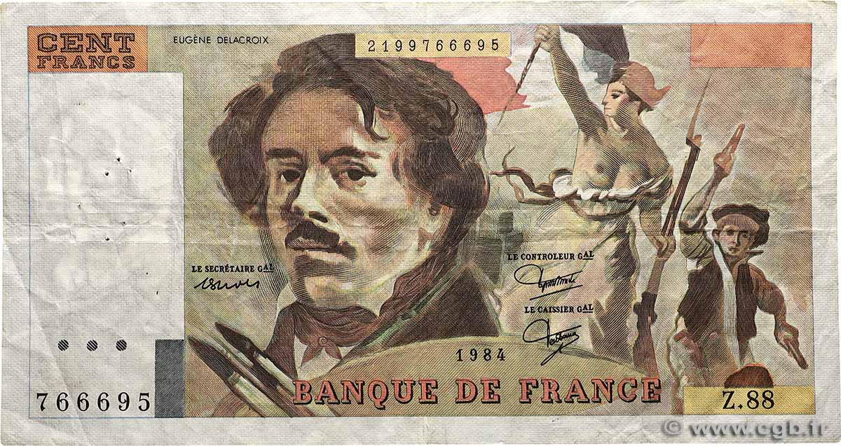 100 Francs DELACROIX modifié Fauté FRANCE  1984 F.69.08b TB