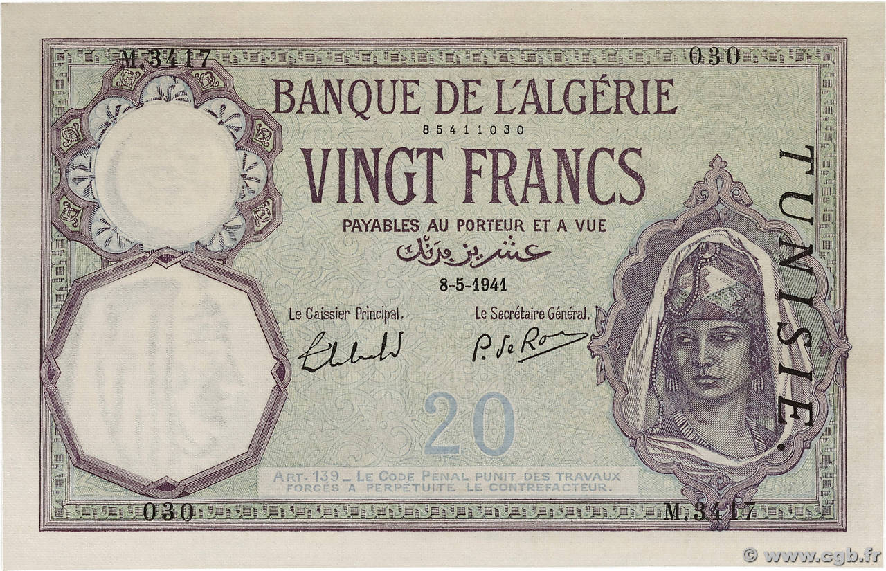 20 Francs TUNISIE  1941 P.06b pr.NEUF