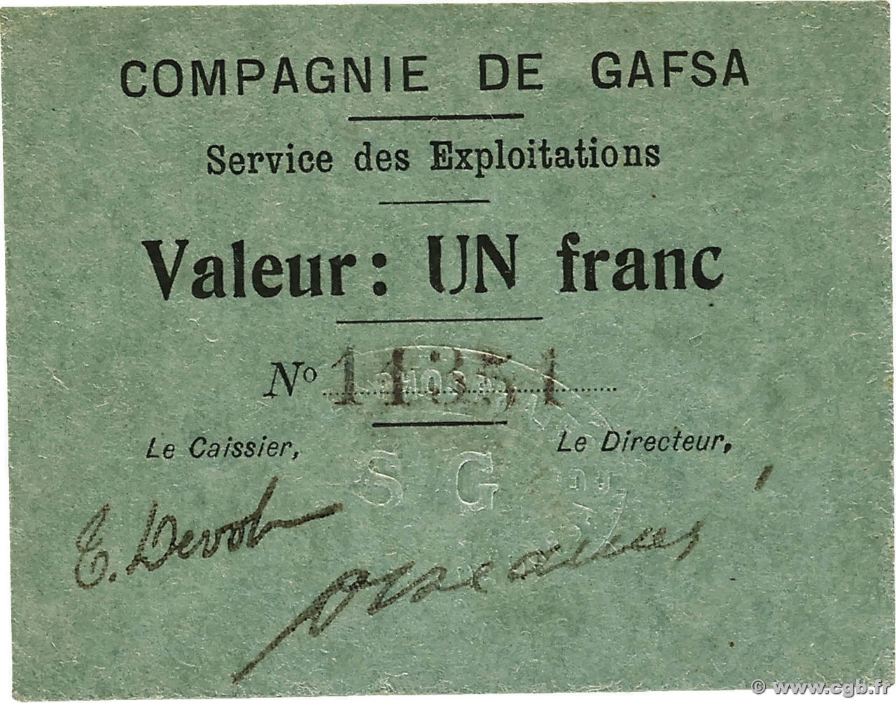 1 Franc TUNISIE Gafsa 1916 K.488 NEUF