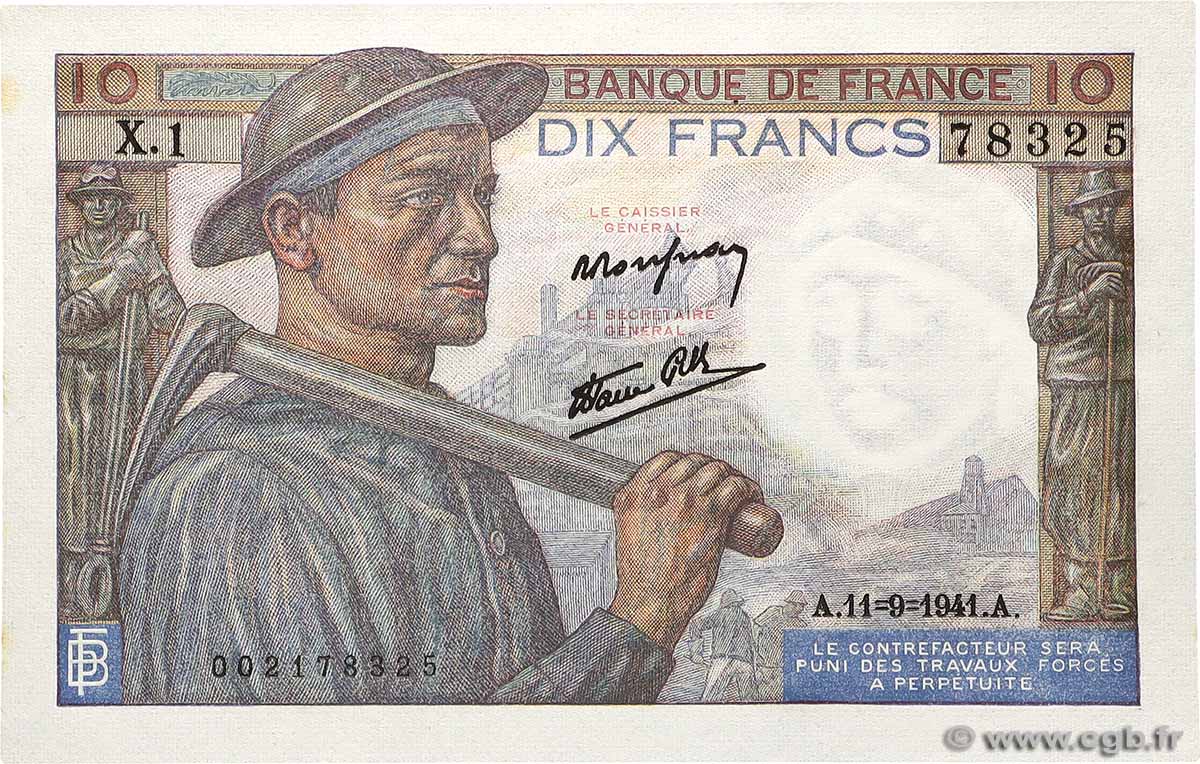 10 Francs MINEUR FRANKREICH  1941 F.08.01 VZ+