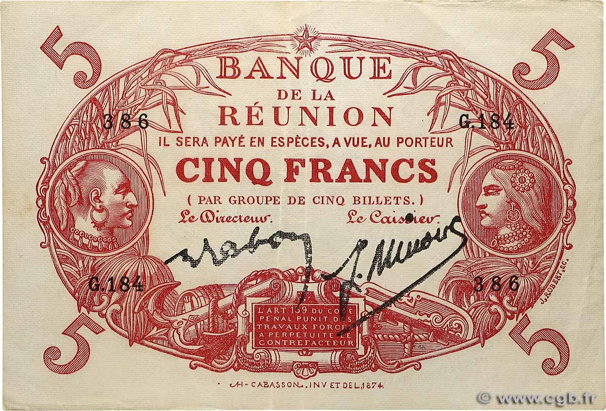 5 Francs Cabasson rouge REUNION  1938 P.14 VF+