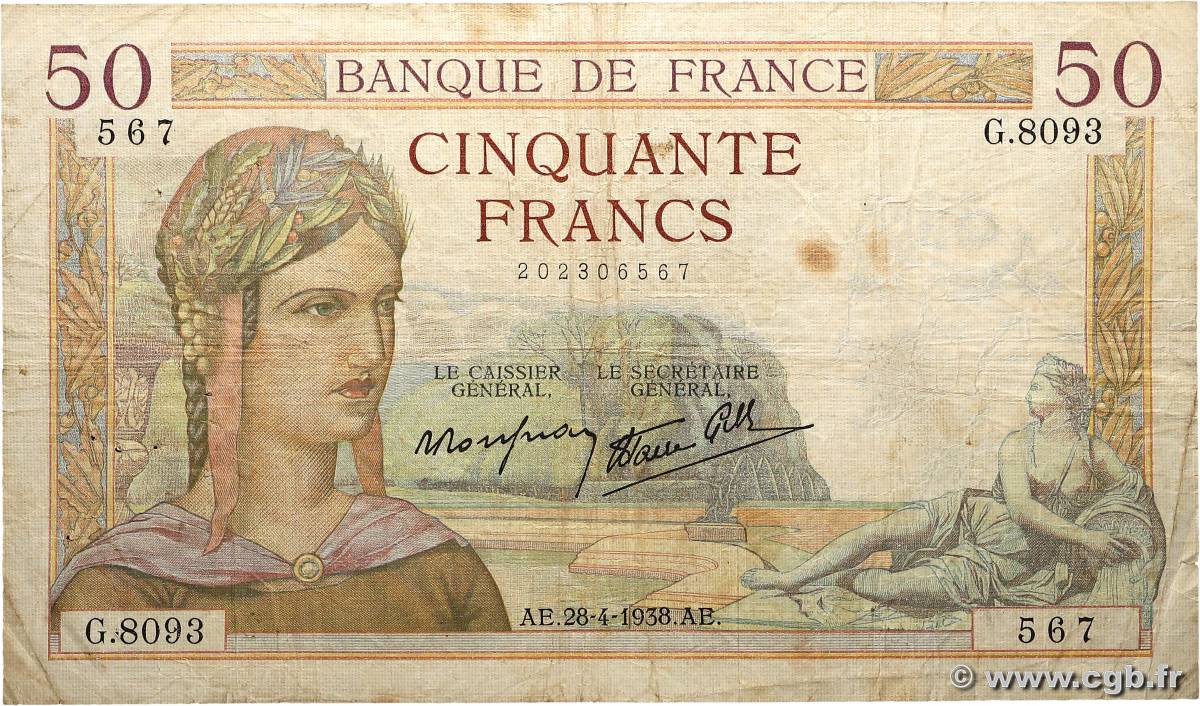 50 Francs CÉRÈS modifié FRANCE  1938 F.18.12 B