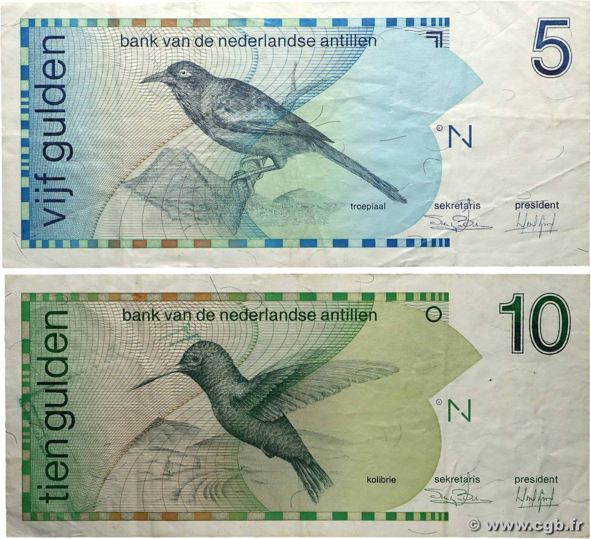 5 et 10 Gulden Lot ANTILLES NÉERLANDAISES  1986 P.22a et P.23a TB+
