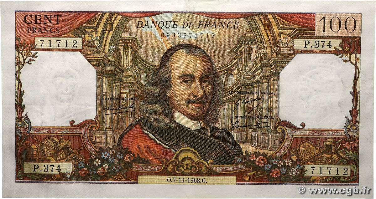 100 Francs CORNEILLE FRANCE  1968 F.65.24 AU-