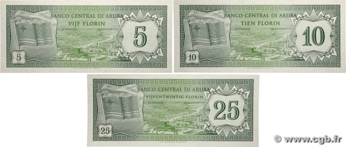 5 au 25 Florin Lot ARUBA  1986 P.01 au P.03 UNC