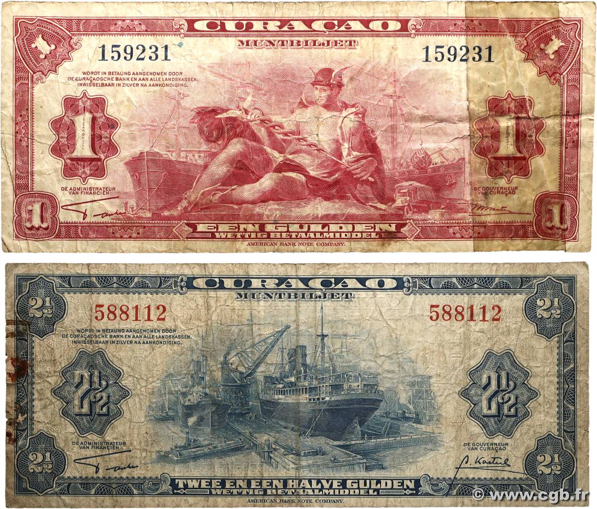1 et 2,5 Gulden Lot CURACAO  1942 P.35a et P.36 B